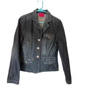 Carols Denims Womens Dark Wash Cotton Denim Blazer Jacket Distressed Indigo M